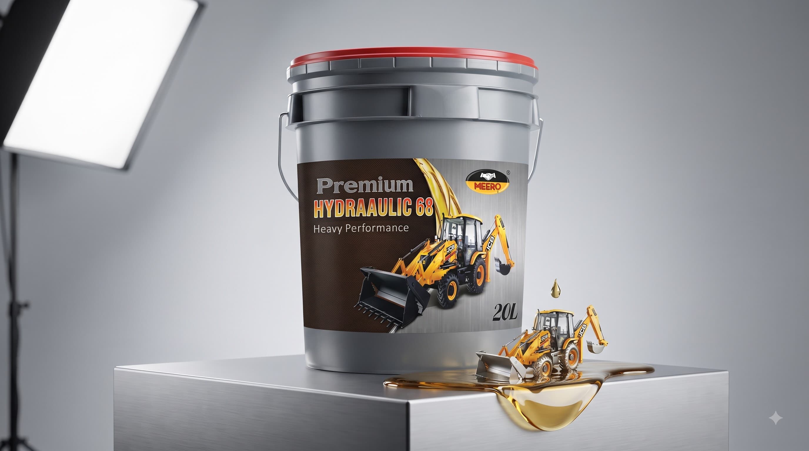 MEERO Premium Hydraulic 68, ISO VG 68 grade — heavy-duty hydraulic fluid for the lift, loader and boom circuits on construction and material-handling equipment. 20 L pack.