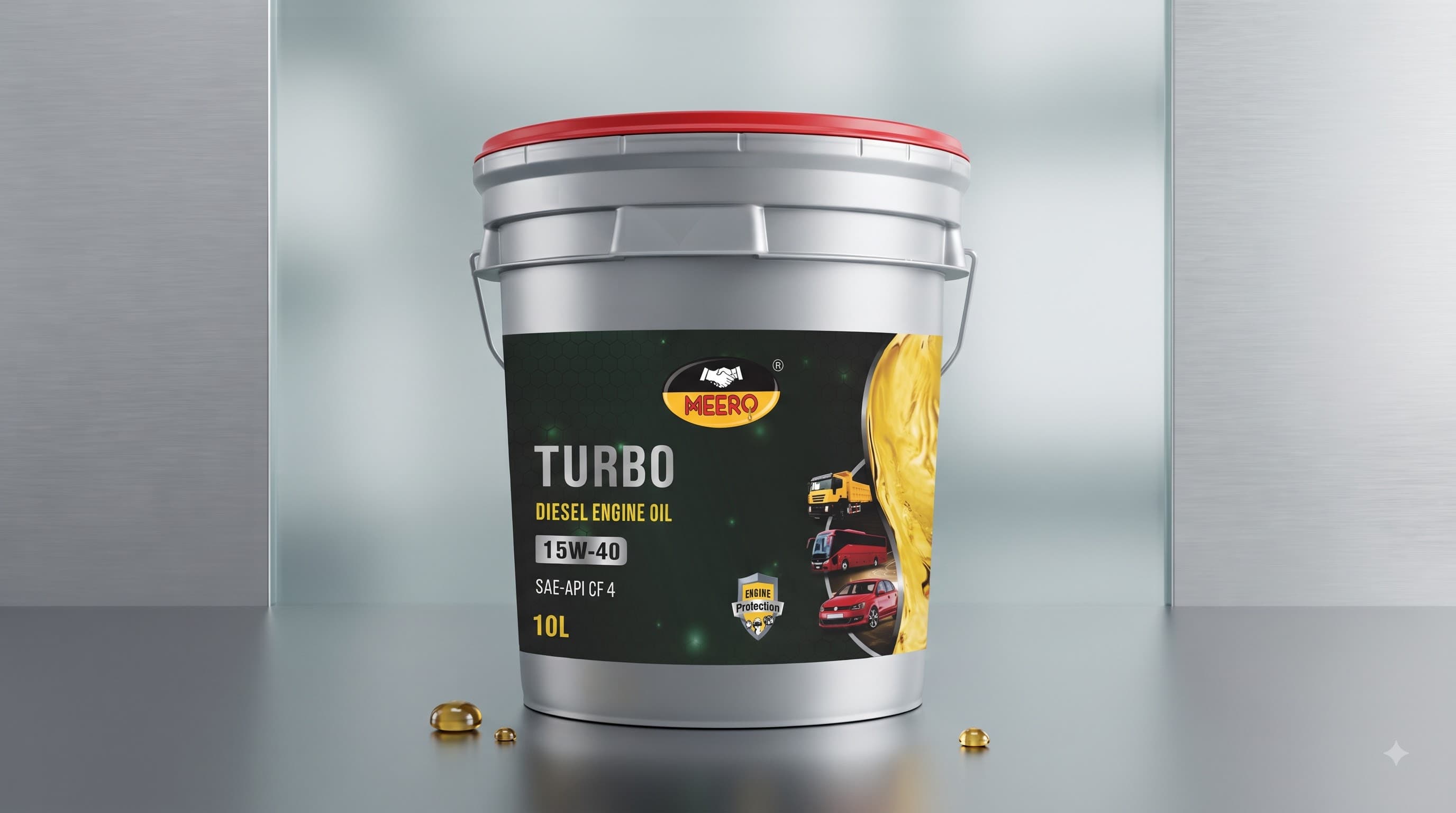 Same MEERO Turbo Diesel Engine Oil, 15W-40 API CF-4, in a 10 L pack.