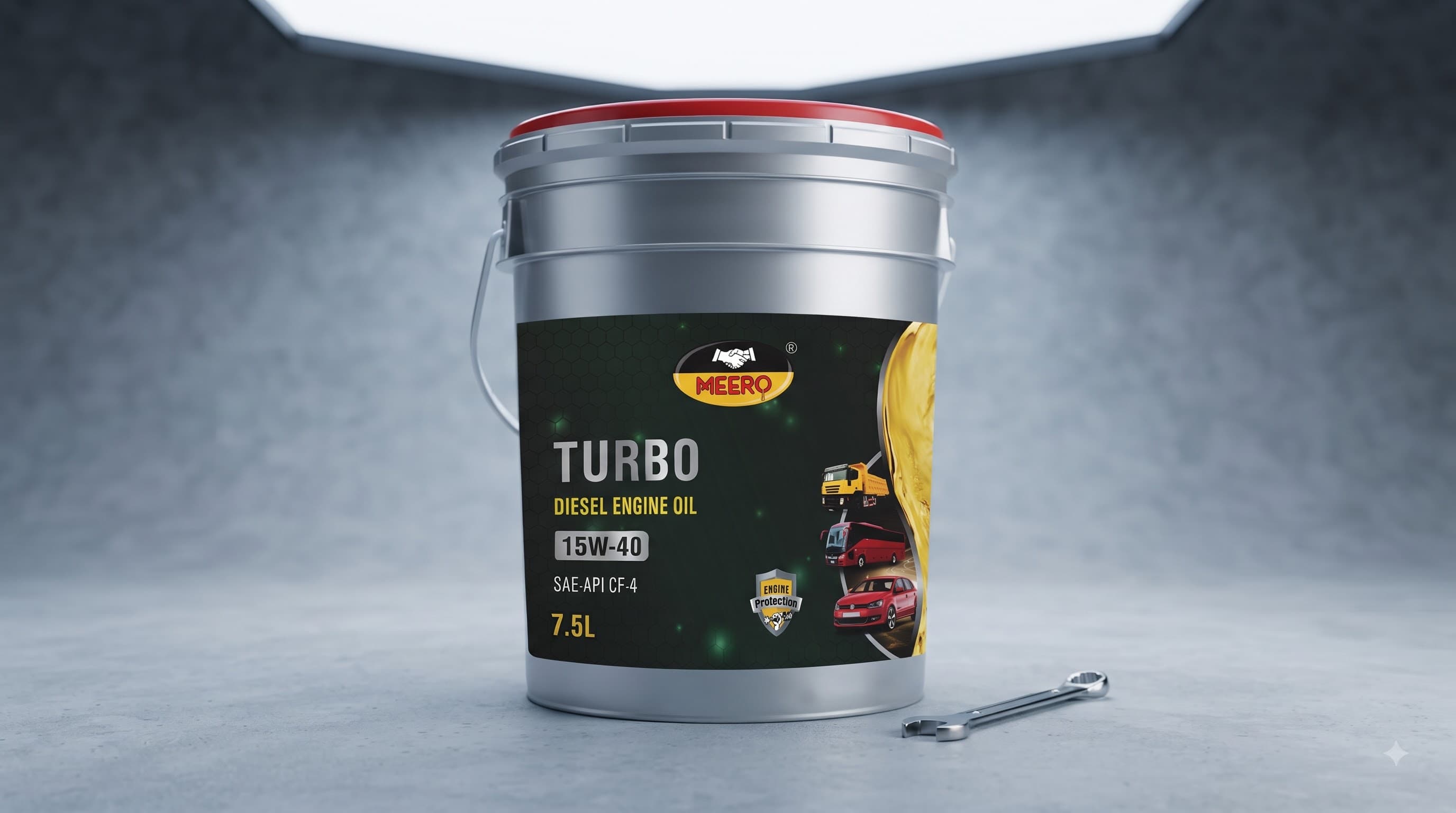MEERO Turbo Diesel Engine Oil, 15W-40, API CF-4 — for diesel trucks, buses and cars. 7.5 L pack.