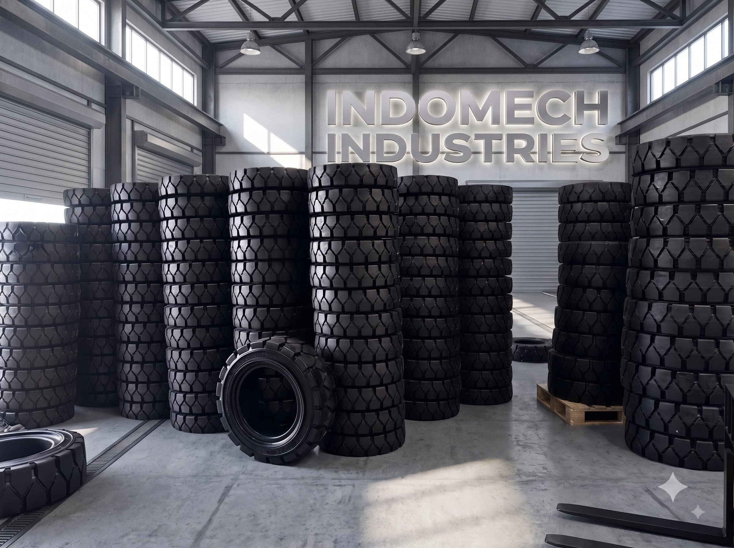 Stacks of Indomech solid tyres in the warehouse