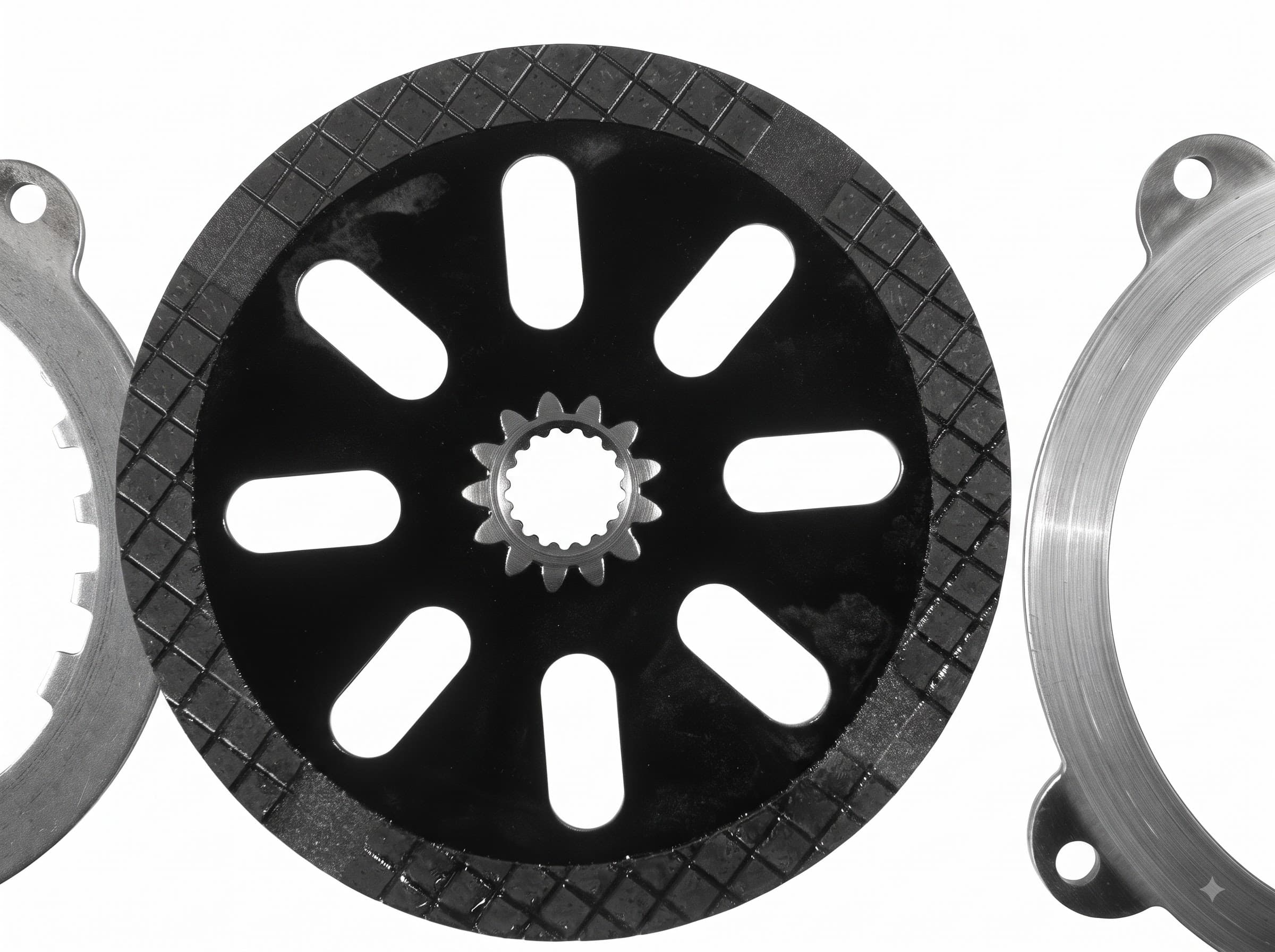 Clutch Friction Plate & Pinion Gear — a friction plate with an integrated drive pinion, shown with its steel retaining plates, a wear set usually replaced together.