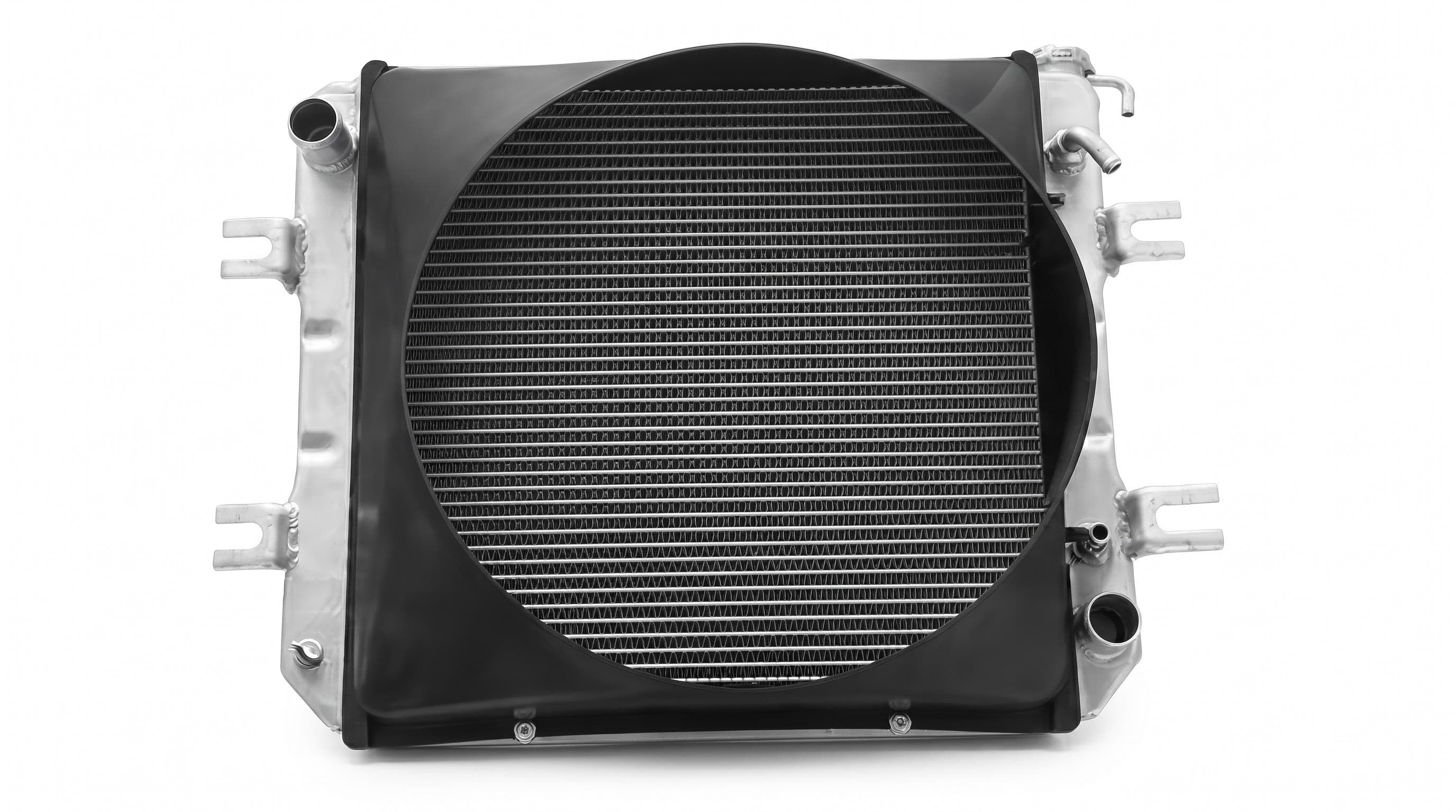 Radiator core with an integrated fan shroud and aluminium side tank — one of several radiator fitments we can source.