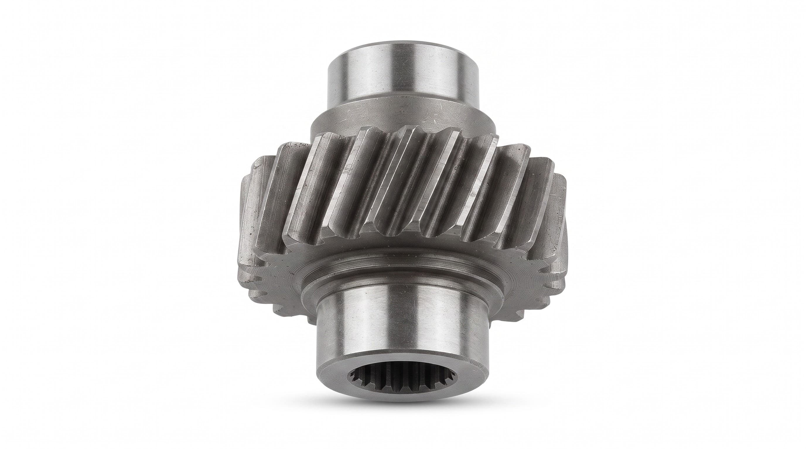 Machined helical transmission gear with internal splines — an example of the gearbox and differential gears we source.